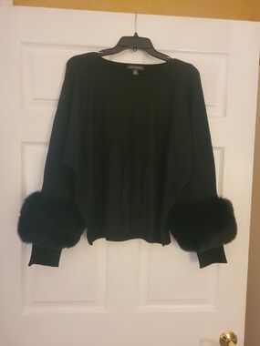 Saks Fifth Avenue Black Crewneck Sweater with Faux Fur Cuffs